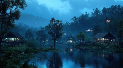 Fototapeta premium Night Lake Houses in Dark Blue Tropical Forest
