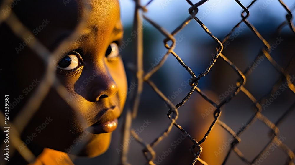 Poster A close portrait of a young child peering through a chain link fence during twilight hours : Generative AI