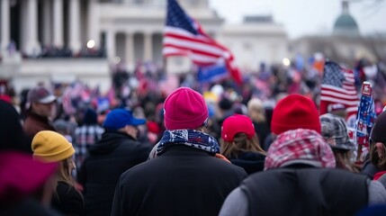 Large crowd of people at a political rally waving flags and showing unity during a significant event : Generative AI