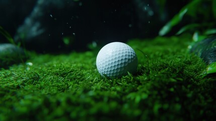 Obraz premium Golf ball on mossy green, dark background, water droplets