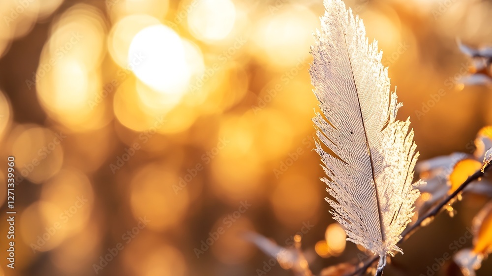 Aufkleber glittering frost on a feather illuminated by golden sunlight creating a magical autumn atmosphere : 