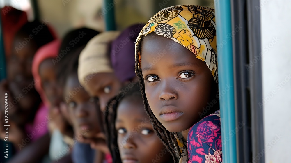 Poster intense portrait of a young girl gazing from a bus window capturing innocence and curiosity : genera