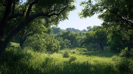 Sunlit Green Forest Landscape with Lush Vegetation