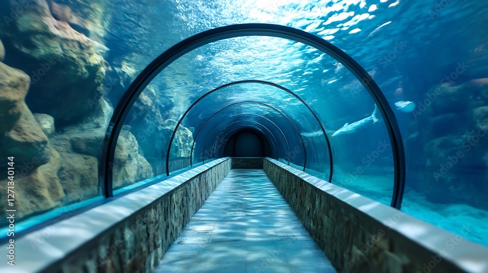 Poster underwater tunnel view showcasing a captivating aquarium experience : generative ai