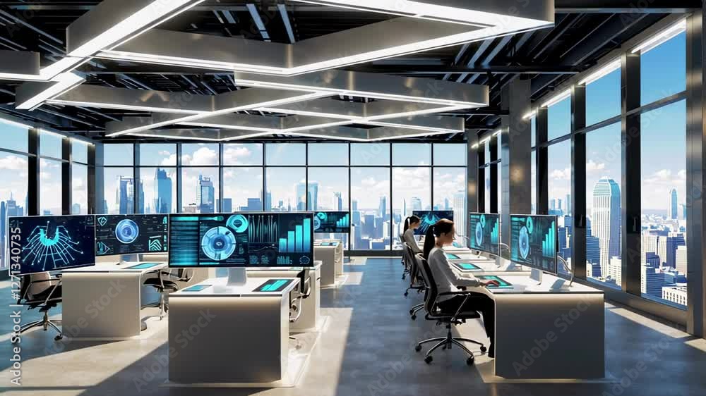 Poster sunlight illuminates businesswomen working on computers in a modern office with large windows offeri