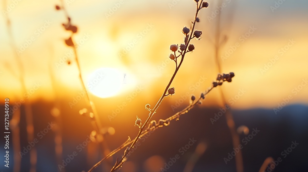 Poster delicate twigs with soft blooms against a vivid sunset glow illuminating the sky : generative ai