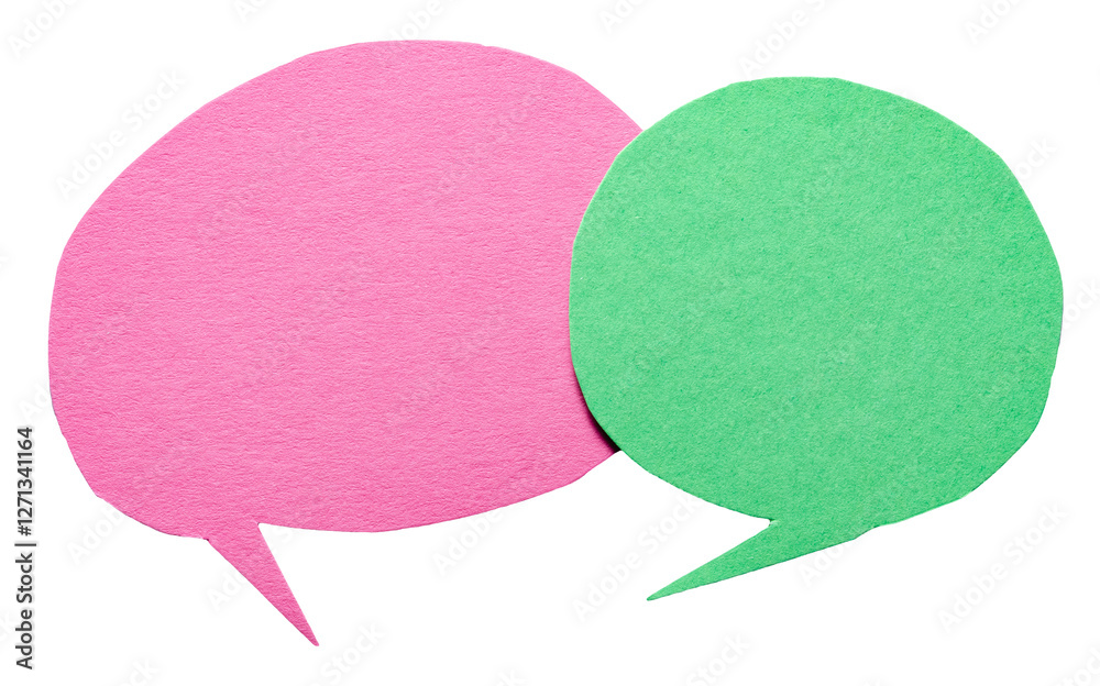 Poster Pink green blank cut out cardboard paper speech bubbles with rough edges and copy space for text on transparent png background conversation discussion design element