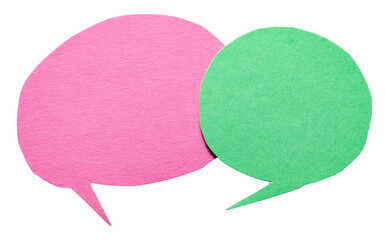 Pink green blank cut out cardboard paper speech bubbles with rough edges and copy space for text on transparent png background conversation discussion design element
