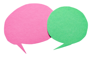 Pink green blank cut out cardboard paper speech bubbles with rough edges and copy space for text on transparent png background conversation discussion design element