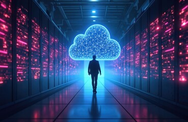 Person walks in modern data center with cloud above head, symbolizes cloud networking, cyber security. AI mind, network management, futuristic tech abstract background.