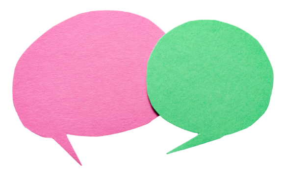 Pink green blank cut out cardboard paper speech bubbles with rough edges and copy space for text on transparent png background conversation discussion design element - Powered by Adobe