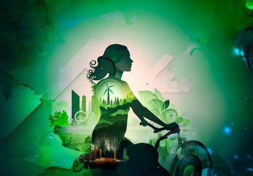 A woman's silhouette rides a bicycle, filled with a green landscape of city, trees, and a wind turbine against an abstract green backdrop.
