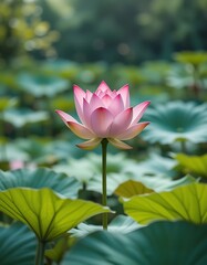 Serene Lotus Bloom Emerging from a Verdant Lily Pad Landscape