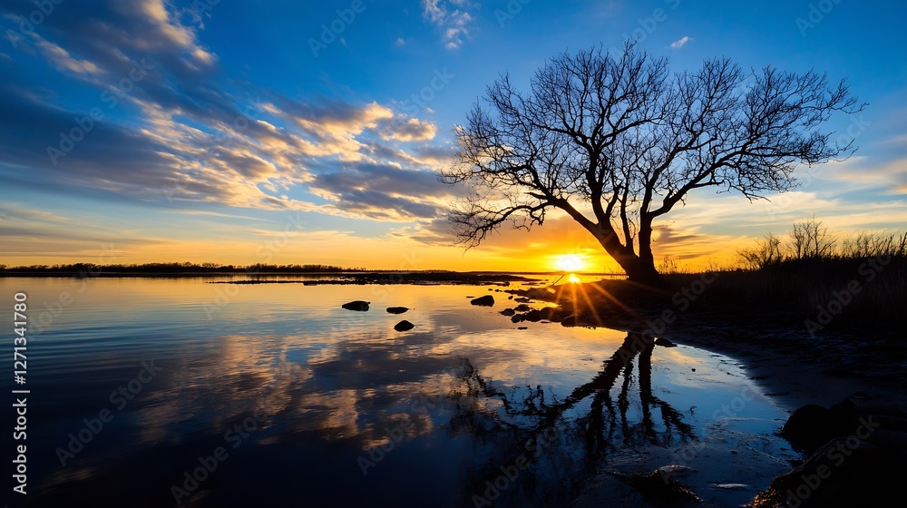 Poster Tranquil Sunset Over Calm Waters with Bare Tree Reflection Amidst Vibrant Colors : Generative AI