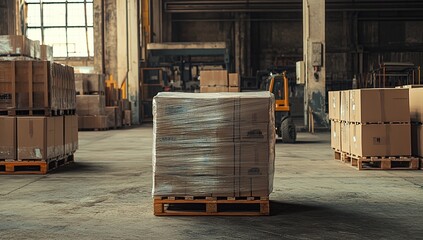 Warehouse Inventory: Cardboard Boxes on Pallets Secured with Shrink Wrap in a Large Industrial Facility