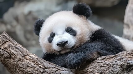 Obraz premium Cute panda cub sleeping on tree branch, zoo enclosure