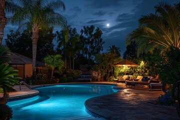 Serene Nighttime Poolside Relaxation ,Tropical Paradise Resort Illuminated Poolside Lounge Chairs Underneath Palm Trees Moonlit    