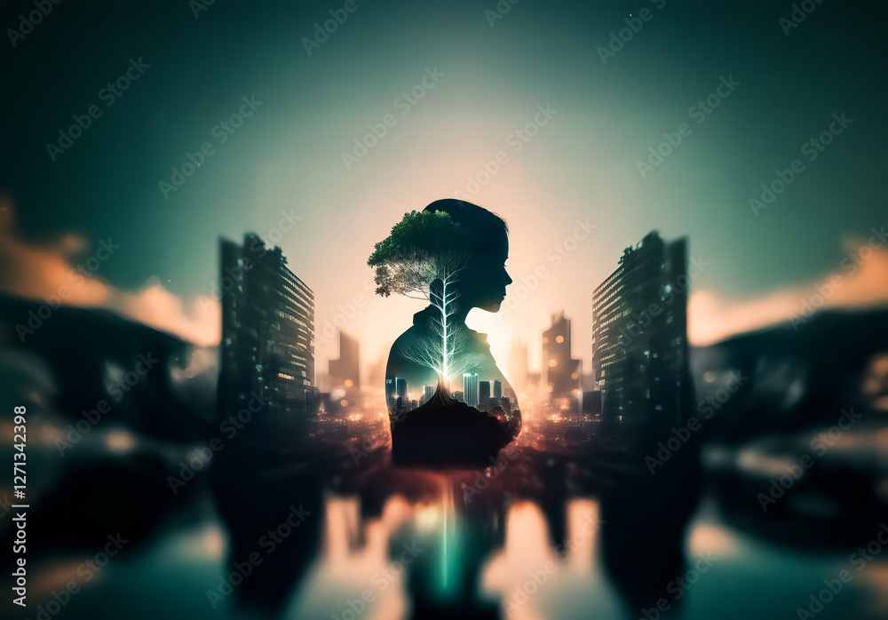 Poster a silhouette of a head is filled with a cityscape and tree, symbolizing nature intertwined with urba