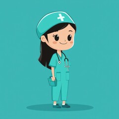 Cute cartoon nurse character in scrubs.