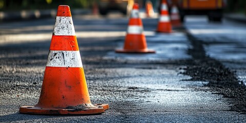 Road Construction: Traffic Cones Guide Drivers Safely Through Roadworks, Ensuring Smooth Asphalt Paving Process.