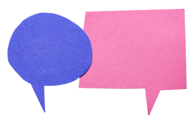 Blue pink blank cut out cardboard paper speech bubbles with rough edges and copy space for text on transparent png background conversation discussion design element