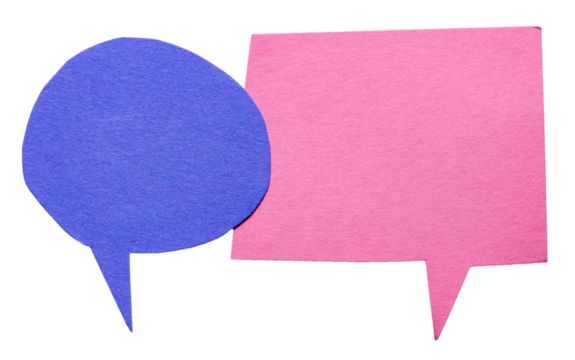 Blue pink blank cut out cardboard paper speech bubbles with rough edges and copy space for text on transparent png background conversation discussion design element