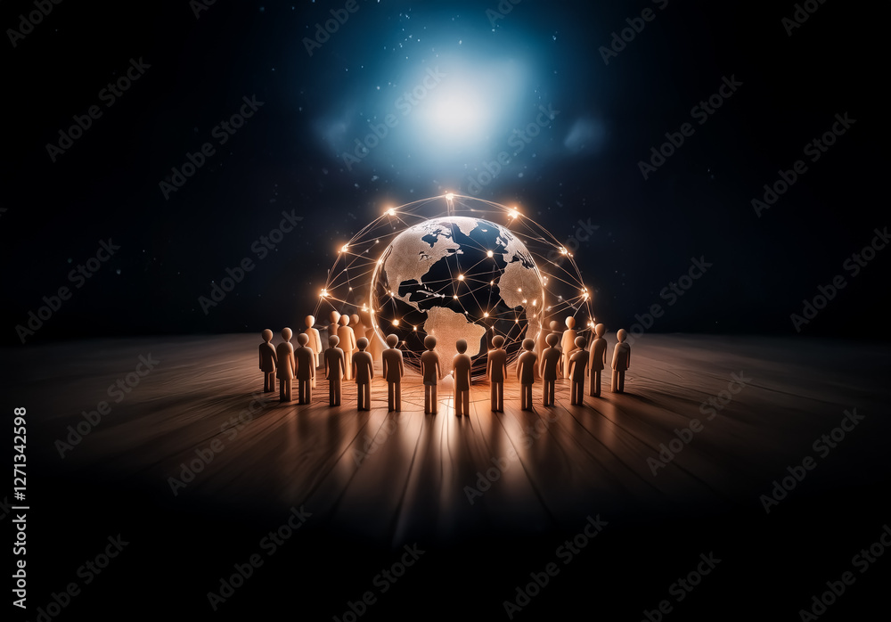 Poster a group of people encircles a glowing globe with a network, under a starry sky. the scene evokes glo
