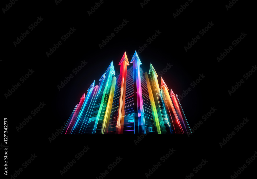 Poster vibrant, colorful arrows illuminate the dark background, pointing upwards with glowing streaks of li