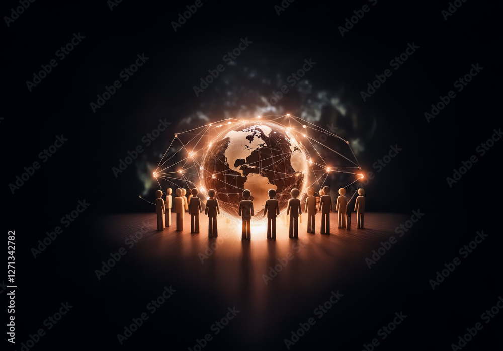 Leinwandbilder a group of figures encircles a glowing globe with network connections in a dark setting, symbolizing