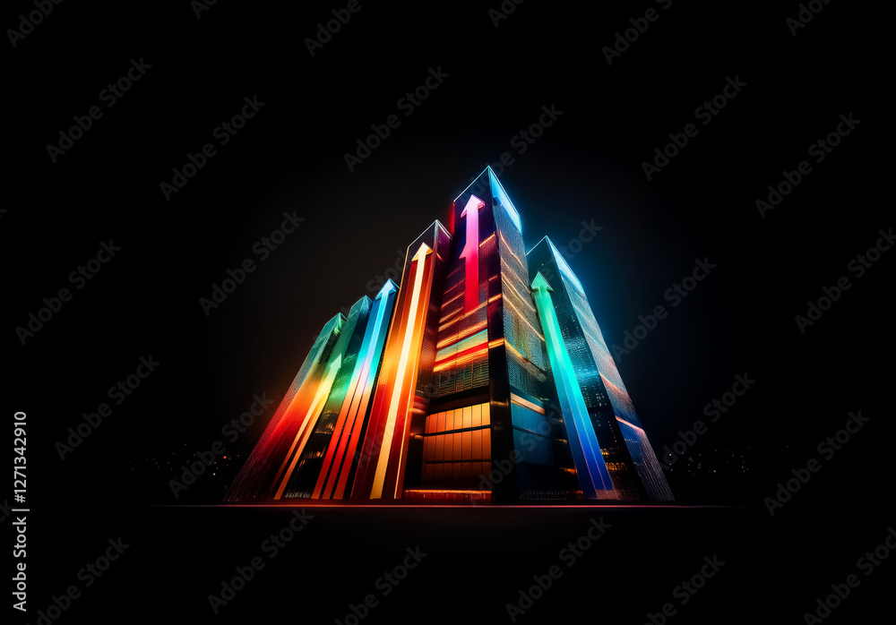 Aufkleber Vibrant abstract structures with glowing upward arrows stand out against a dark background. Illuminated lines create a sense of forward motion and bright energy.