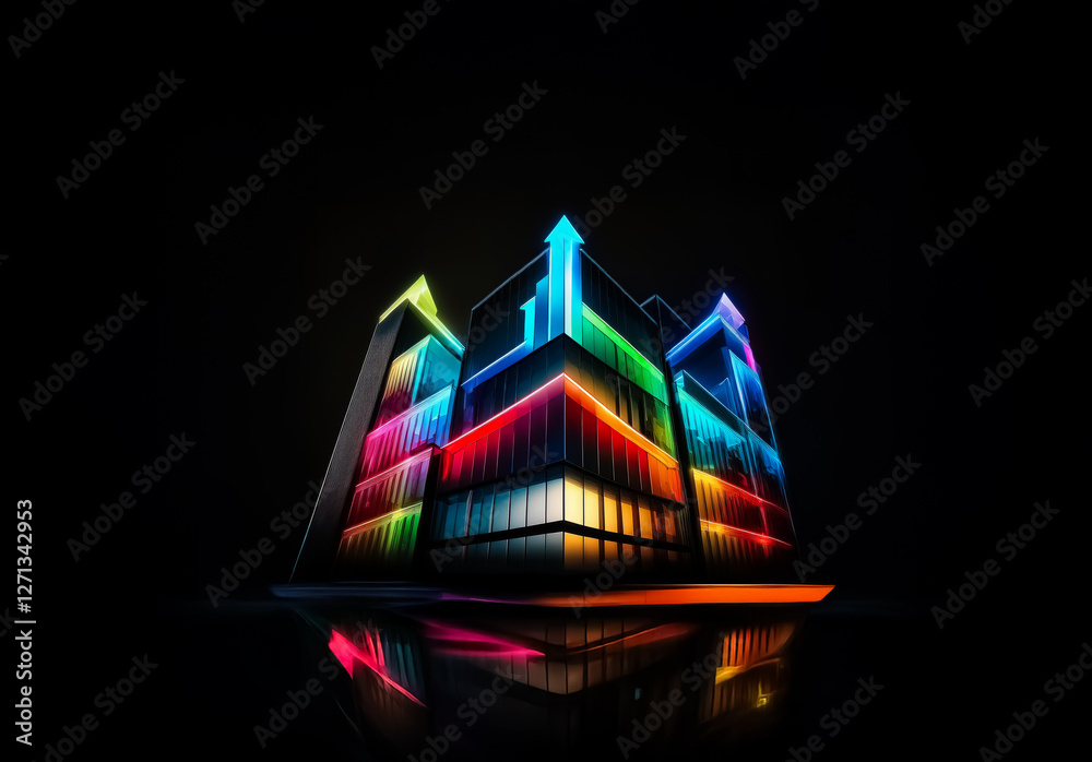 Poster abstract geometric structures illuminated with vibrant neon lights reflect on a dark, sleek surface,