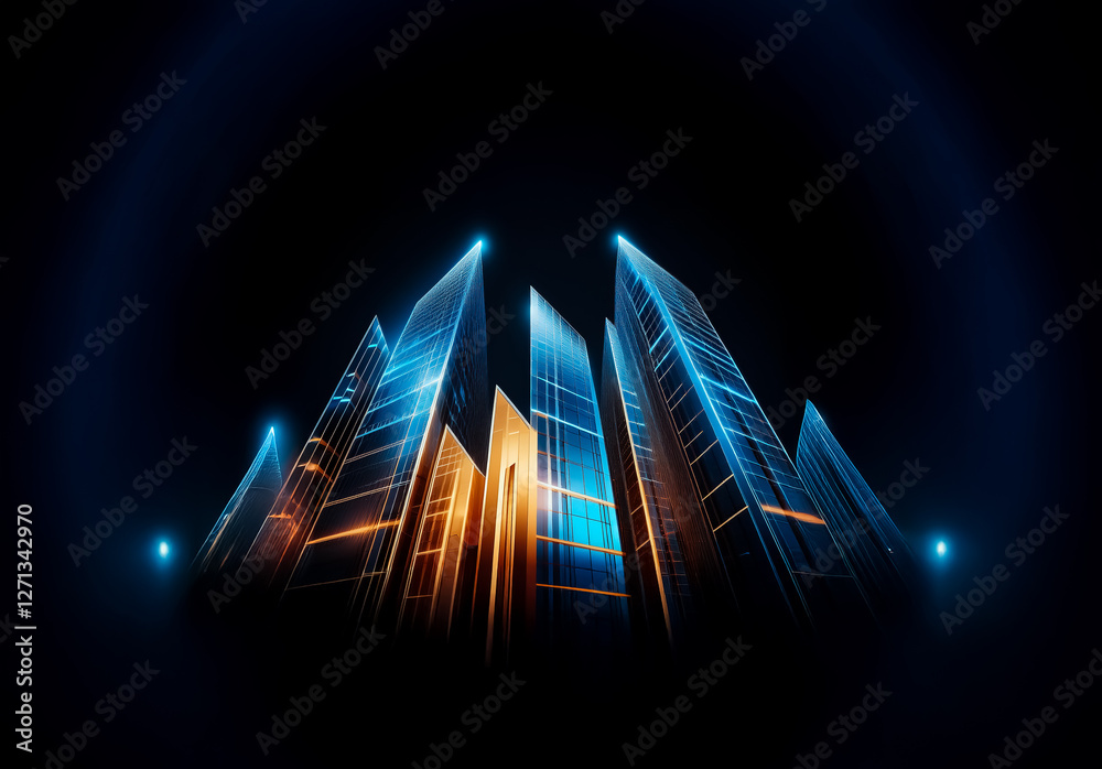 Poster futuristic cityscape featuring illuminated skyscrapers in blue and orange hues against a dark backdr
