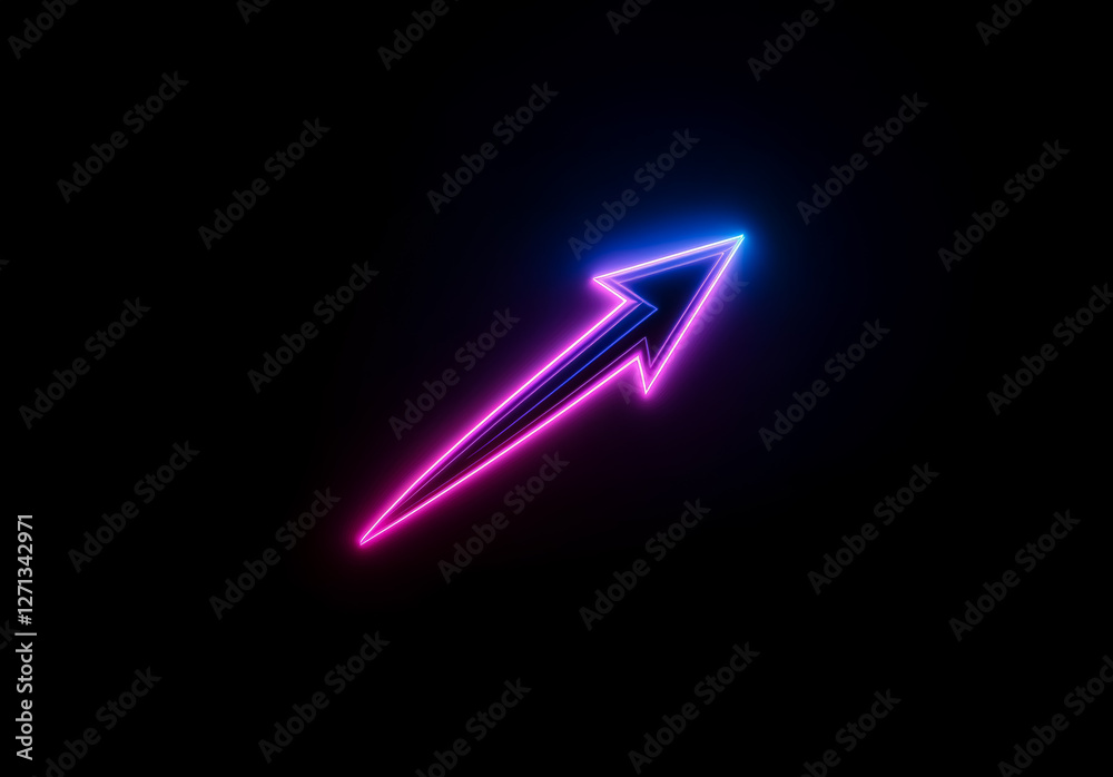 Poster a vibrant arrow crafted from neon light, radiates in pink and blue, pointing upwards and right on a 
