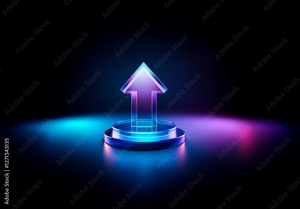 Leinwandbilder a luminous arrow points upwards, standing on a round platform against a dark backdrop. illuminated i