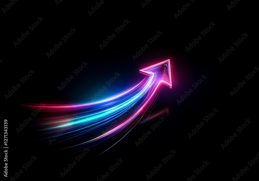 Aufkleber vibrant neon arrow with pink and blue light trails soaring upwards on a stark black background, crea