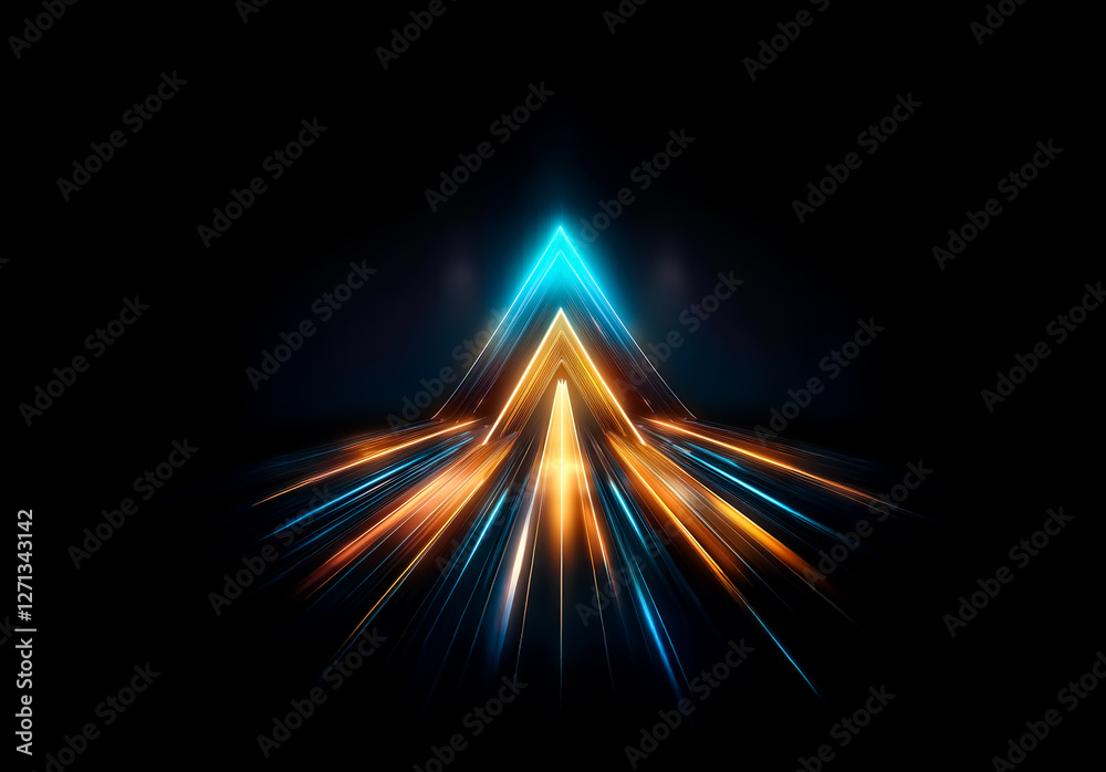 Poster abstract image featuring vibrant blue, orange, and yellow light trails converging towards a central 
