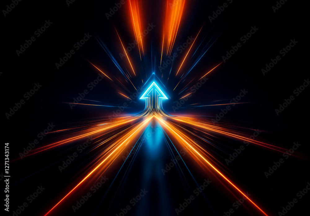 Poster a vibrant blue arrow ascends dynamically against a dark backdrop, illuminated by streaks of radiant 