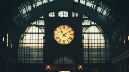 A majestic clock stands at the center of a grand train station, the large windows framing the scene with ambient natural light.