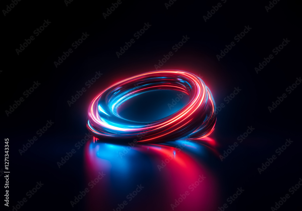 Poster A vibrant glowing ring, spiraling with red and blue neon light, shines against a dark background, creating a futuristic and abstract design with bright illumination and reflections.