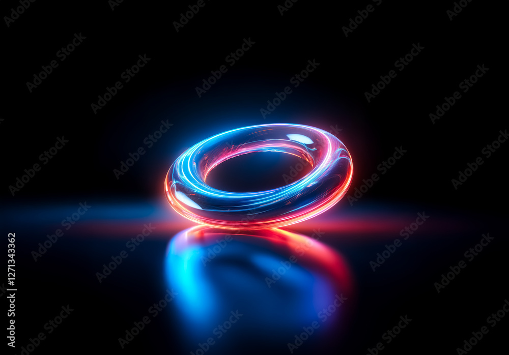 Leinwandbilder vibrant torus with neon glow, blending blue and red light. it sits on a dark reflective plane, creat