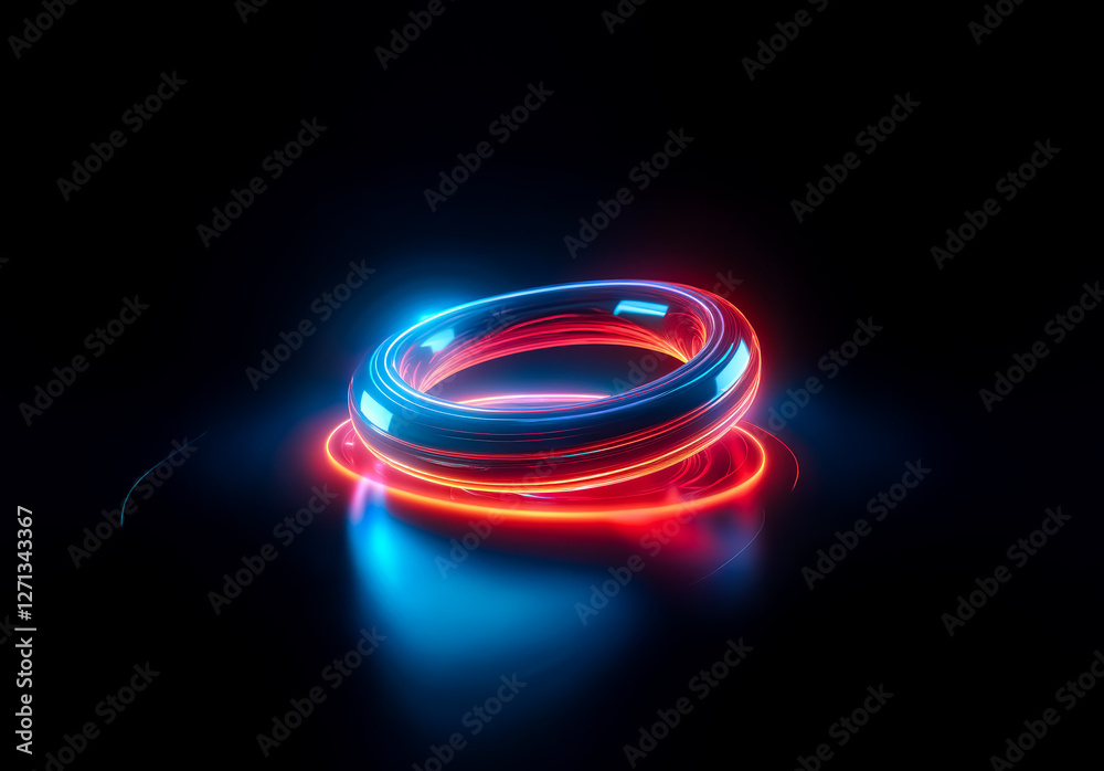 Poster A luminous ring with vibrant blue and red light trails sits on a dark surface. Abstract and modern with a glowing effect, creating a futuristic design.
