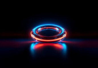 A luminous ring with vibrant blue and red neon lights glows against a stark black backdrop, creating a futuristic and abstract visual. The ring reflects on a smooth surface.