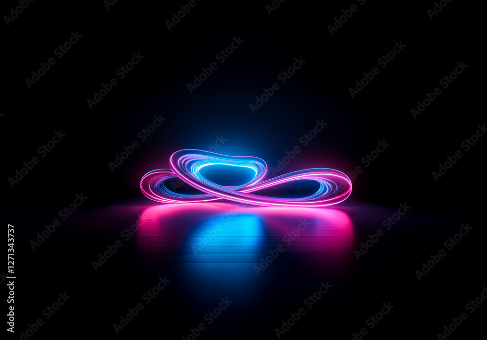 Poster abstract neon light sculpture with pink and blue hues, twisting and reflecting on a dark surface. il