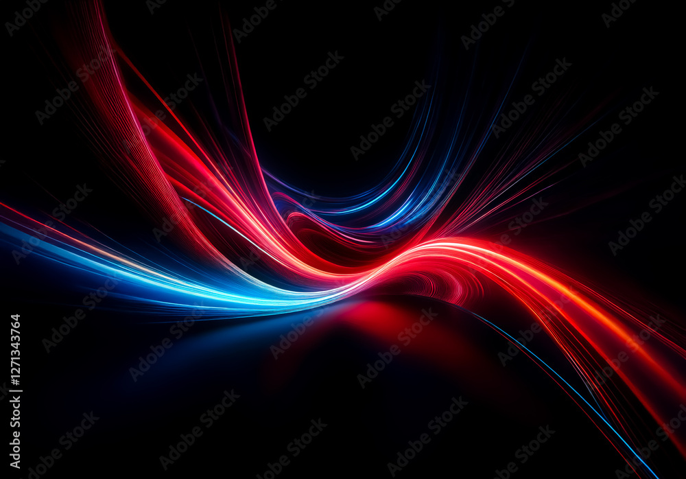 Poster Abstract light streaks in vibrant red and blue hues create a dynamic flow against a dark backdrop. The glowing curves evoke energy and movement in an artistic design.