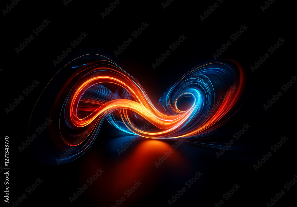 Poster abstract light trails in vibrant orange and blue hues, flowing and swirling dynamically against a st