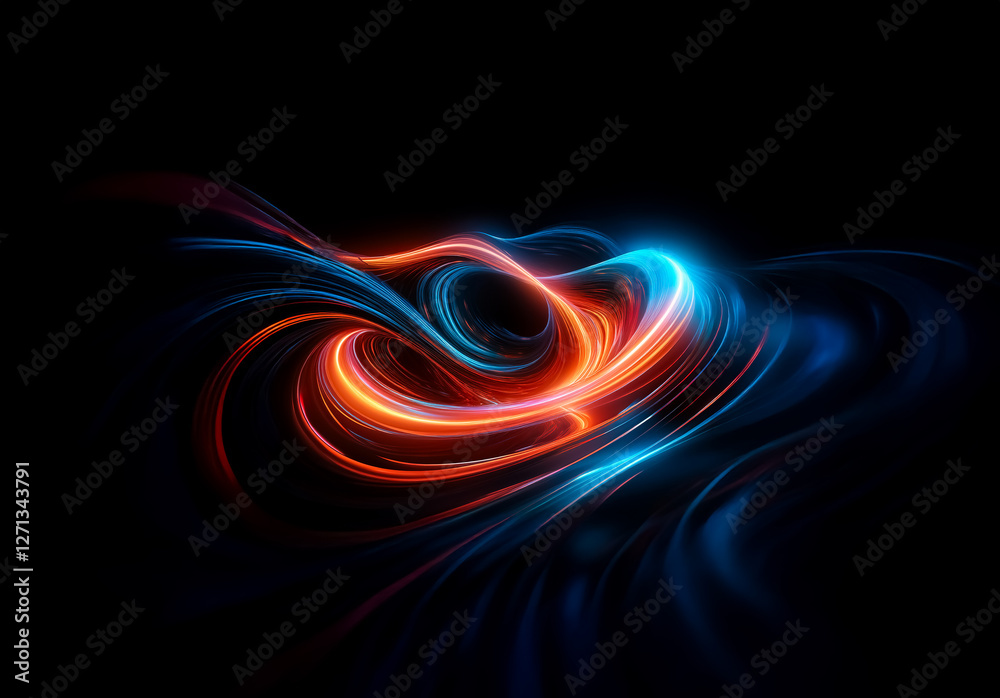 Poster abstract design featuring dynamic, swirling trails of vibrant light against a dark backdrop. orange 