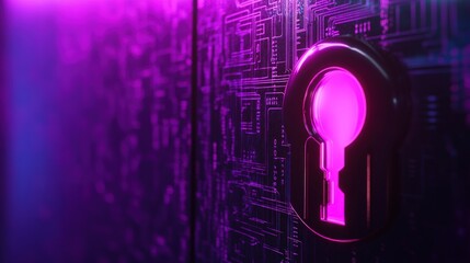 Glowing keyhole in digital circuit, cybersecurity concept