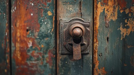 A rusty, vintage lock on a weathered, colorful door tells stories of time and endurance.