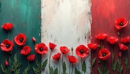 Italian flag background with red poppy flowers. National symbol of Italy, remembrance day, victory celebration, memorial holiday concept. Patriotic colors. Independence, patriotism, traditional