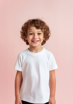 Smiling boy with white t shirt mockup on color background